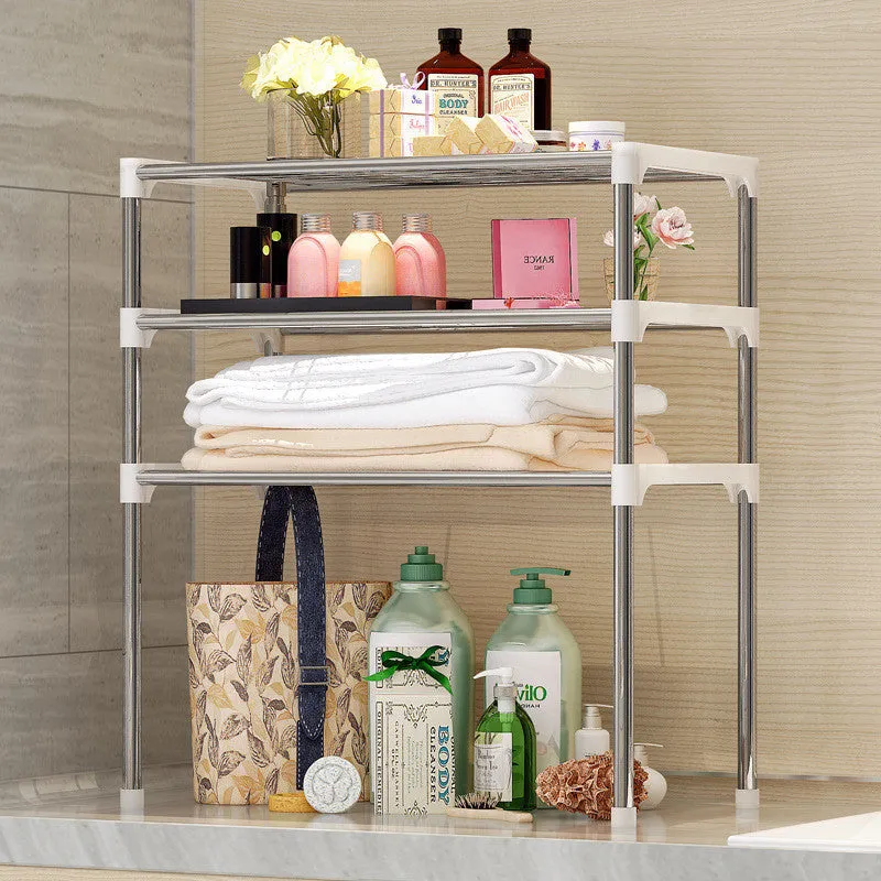 Two tier silver and white kitchen shelf rack with iron tubes and plastic connectors, 22.4 inches wide