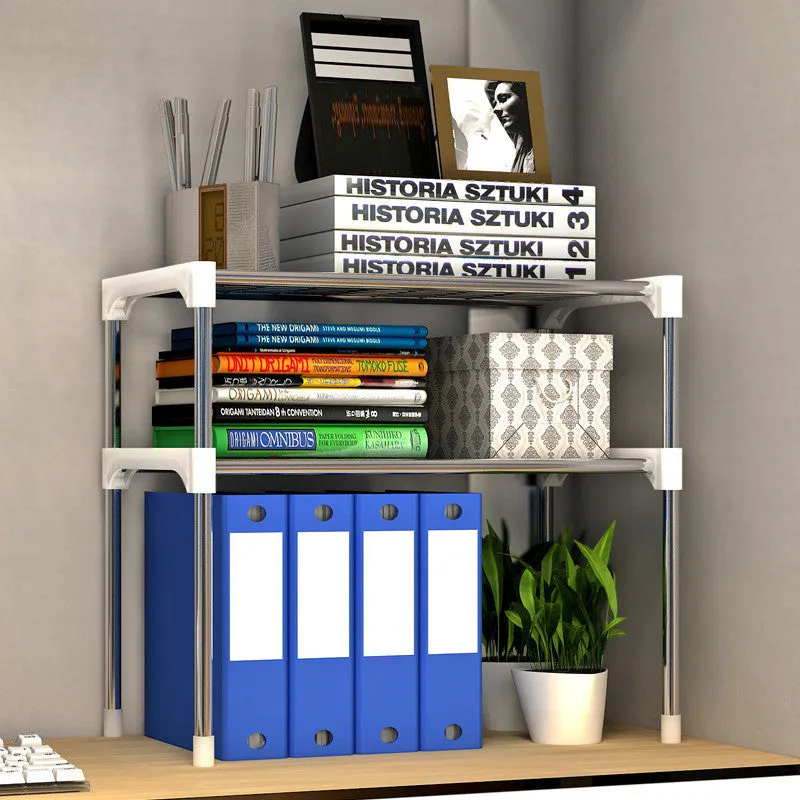 Two tier silver and white kitchen shelf rack with iron tubes and plastic connectors, 22.4 inches wide