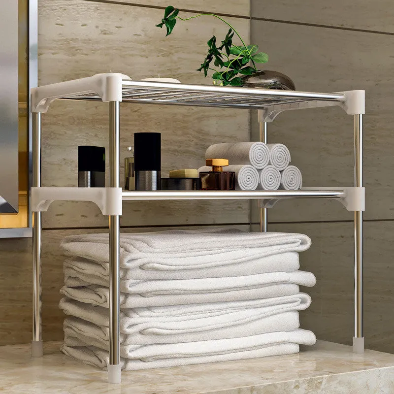 Two tier silver and white kitchen shelf rack with iron tubes and plastic connectors, 22.4 inches wide