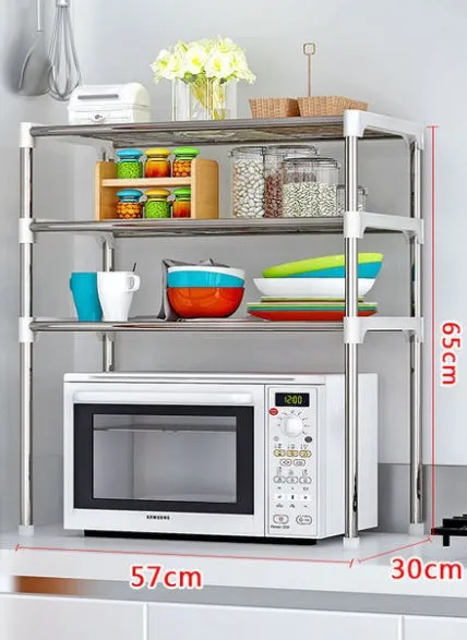 Two tier silver and white kitchen shelf rack with iron tubes and plastic connectors, 22.4 inches wide