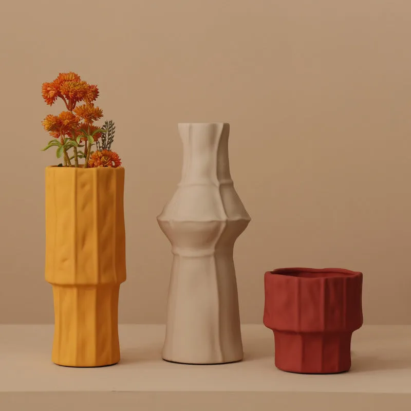 Morandi glazed texture ceramic geometric vase in muted colour for living room decor