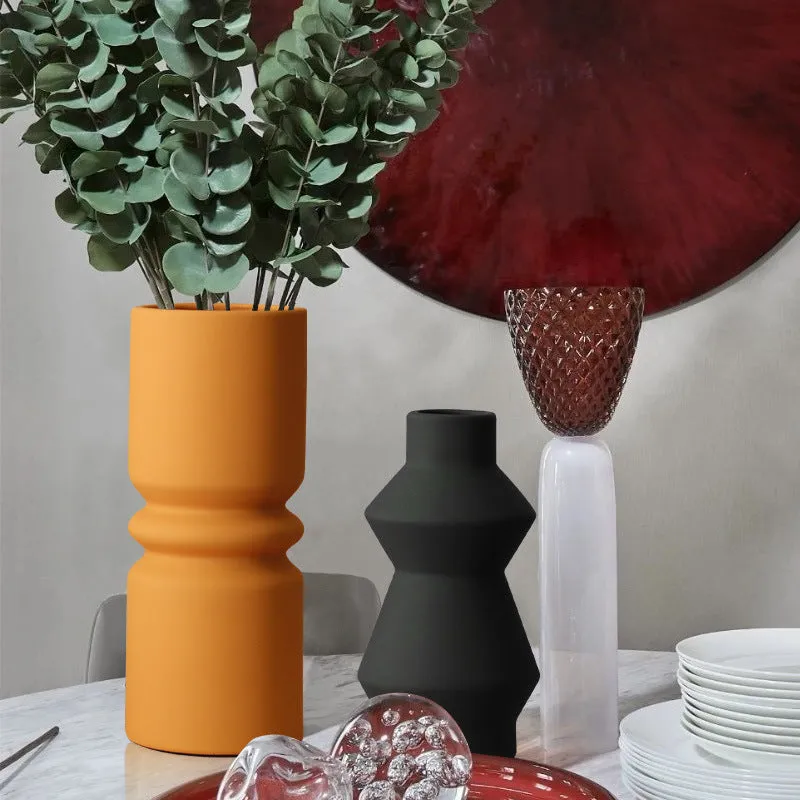 Morandi glazed texture ceramic geometric vase in muted colour for living room decor