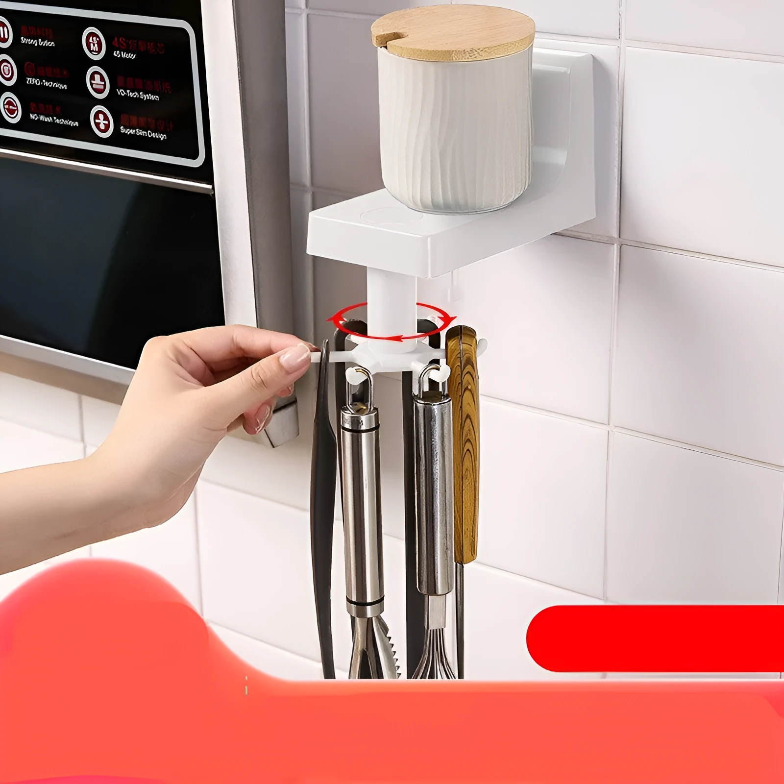 Plastic 6-hook kitchen utensil rack in Nordic style with inverted hooks, colour black