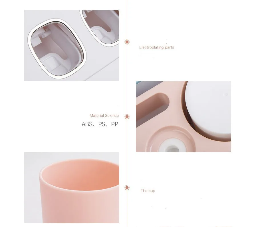 Plastic wall-mounted toothbrush holder with four magnetic cups in pink, blue, and green for family bathroom