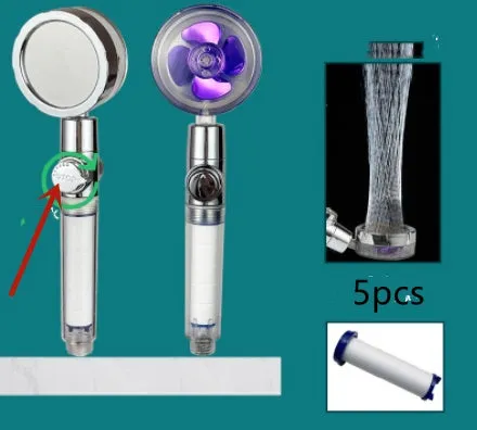 Turbo propeller shower head in gold with holder, ABS material, high-pressure rainfall design