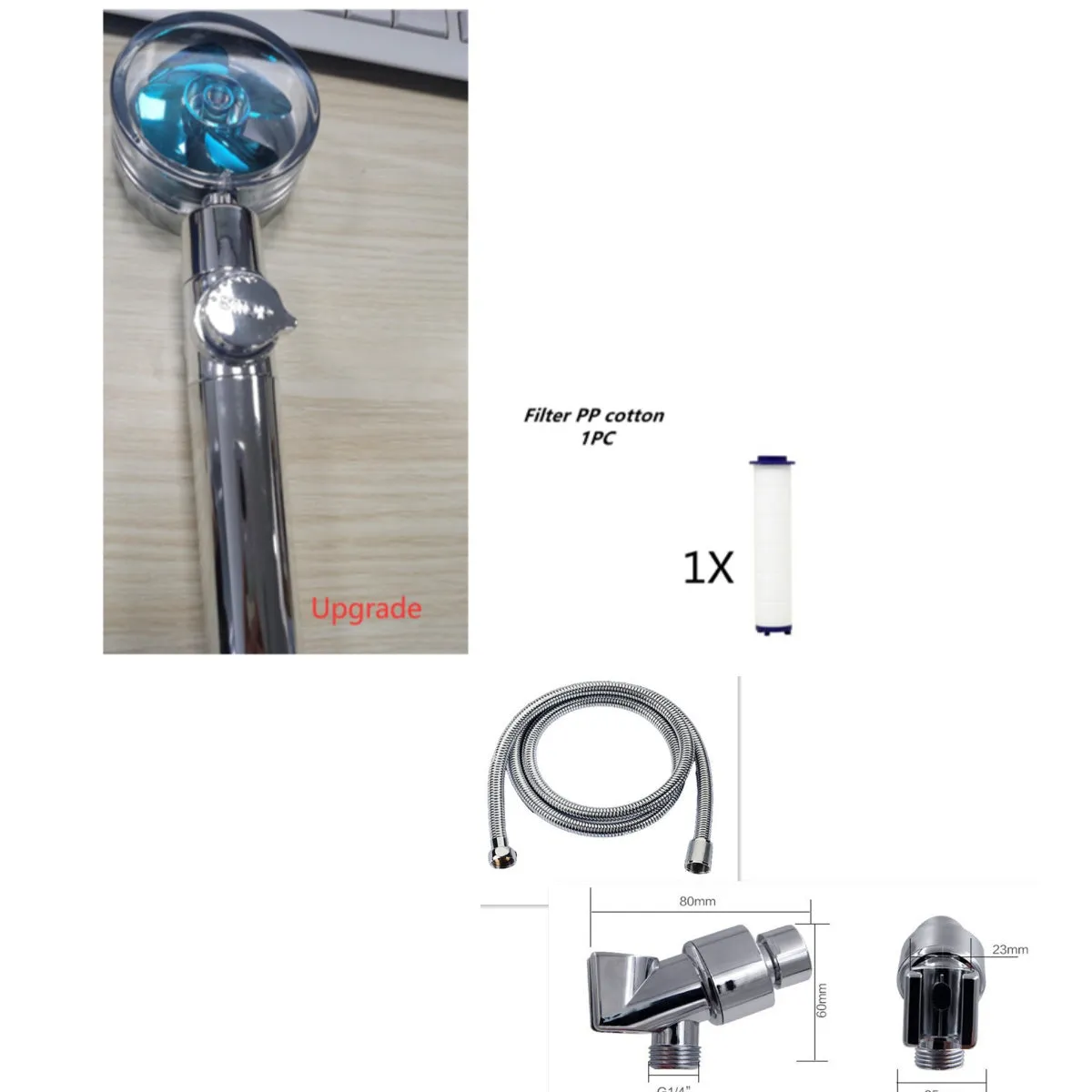 Turbo propeller shower head in gold with holder, ABS material, high-pressure rainfall design