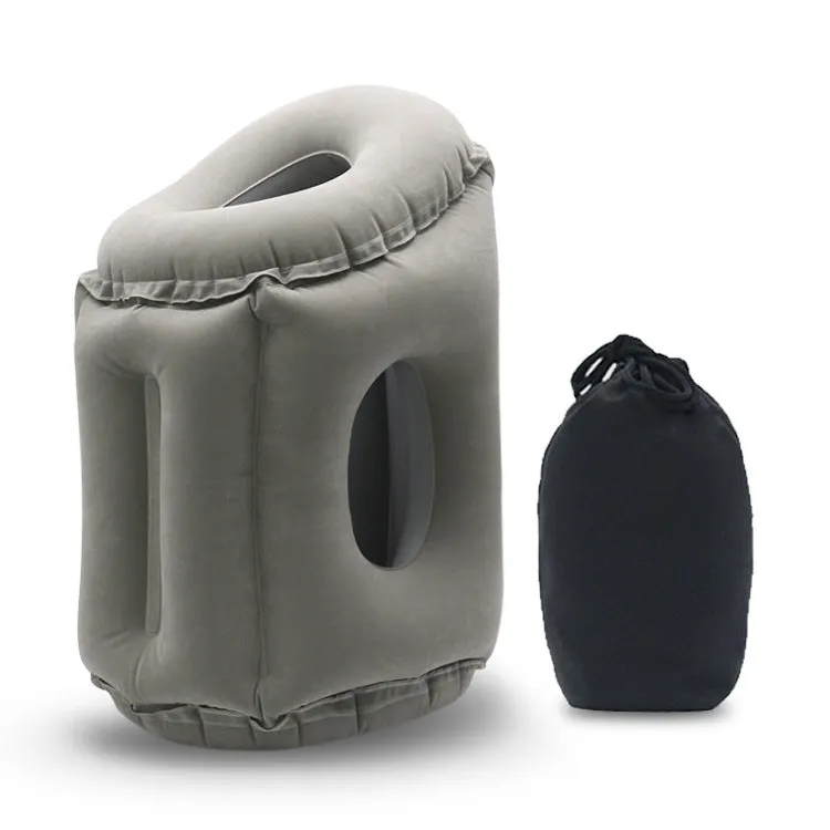 Grey inflatable travel pillow with flocking surface, M size 26cm x 31cm x 51cm, shown inflated with storage bag