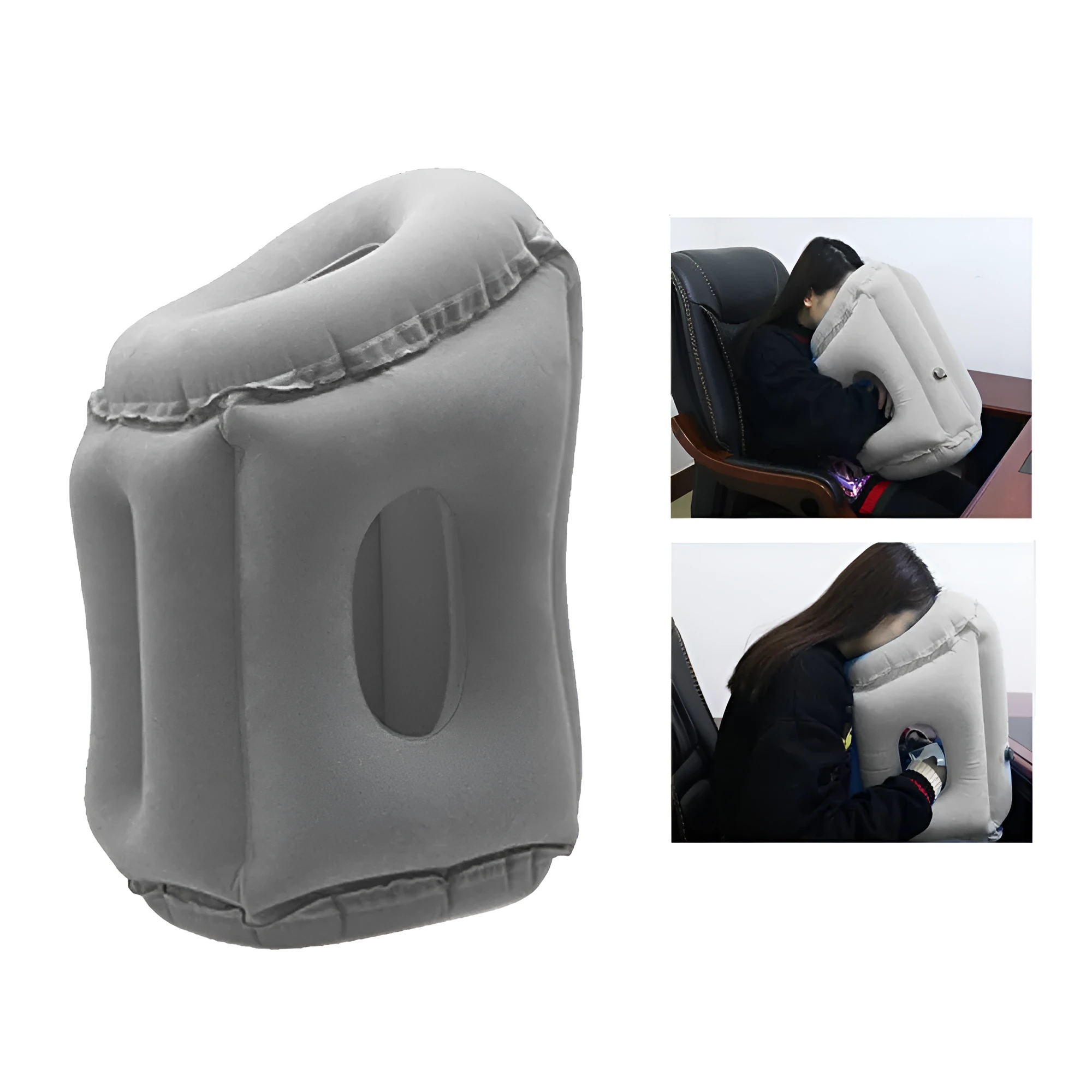 Grey inflatable travel pillow with flocking surface, M size 26cm x 31cm x 51cm, shown inflated with storage bag