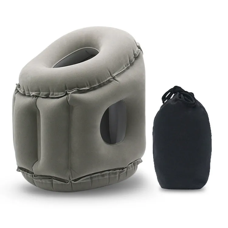 Grey inflatable travel pillow with flocking surface, M size 26cm x 31cm x 51cm, shown inflated with storage bag