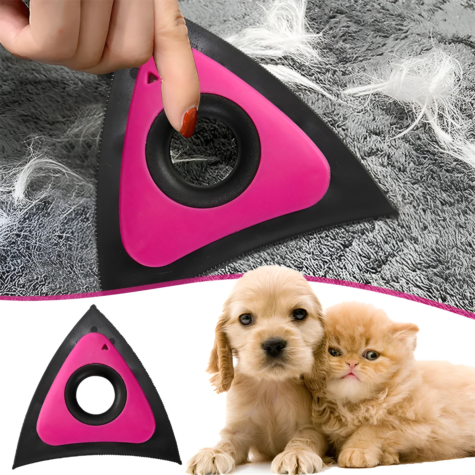 Triangle electrostatic pet hair remover brush in red with three density gears and bow-shaped handle on carpet