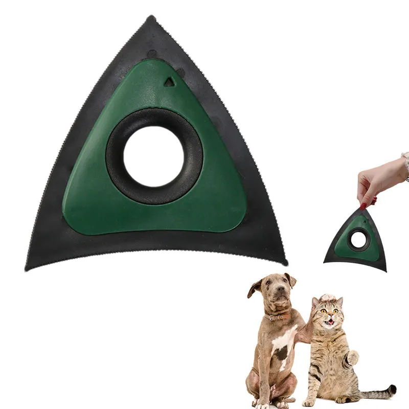 Triangle electrostatic pet hair remover brush in red with three density gears and bow-shaped handle on carpet