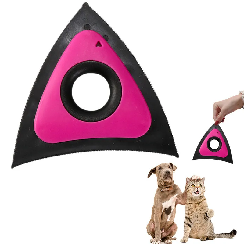 Triangle electrostatic pet hair remover brush in red with three density gears and bow-shaped handle on carpet
