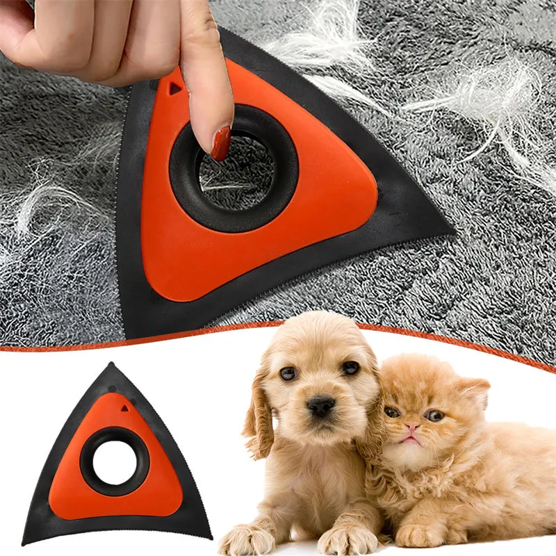 Triangle electrostatic pet hair remover brush in red with three density gears and bow-shaped handle on carpet
