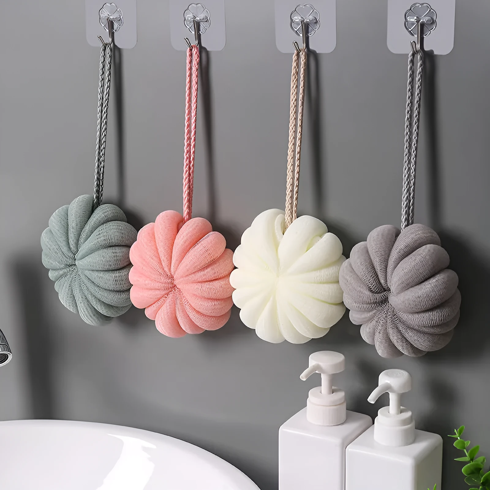 Japanese style 50g bath flower ball in beige with fine mesh and flexible foam, 10cm pumpkin shape