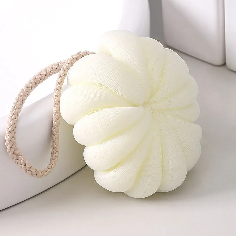 Japanese style 50g bath flower ball in beige with fine mesh and flexible foam, 10cm pumpkin shape