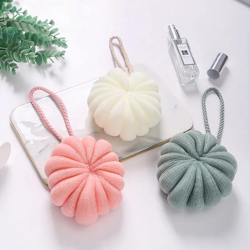Japanese style 50g bath flower ball in beige with fine mesh and flexible foam, 10cm pumpkin shape