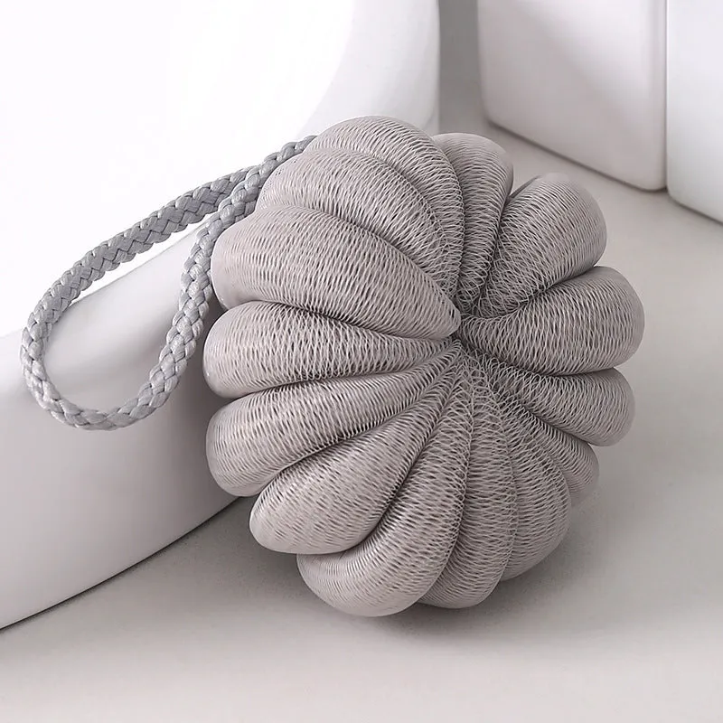 Japanese style 50g bath flower ball in beige with fine mesh and flexible foam, 10cm pumpkin shape