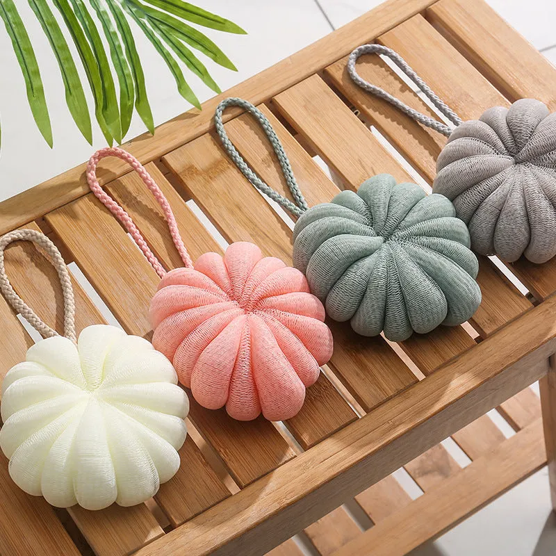 Japanese style 50g bath flower ball in beige with fine mesh and flexible foam, 10cm pumpkin shape