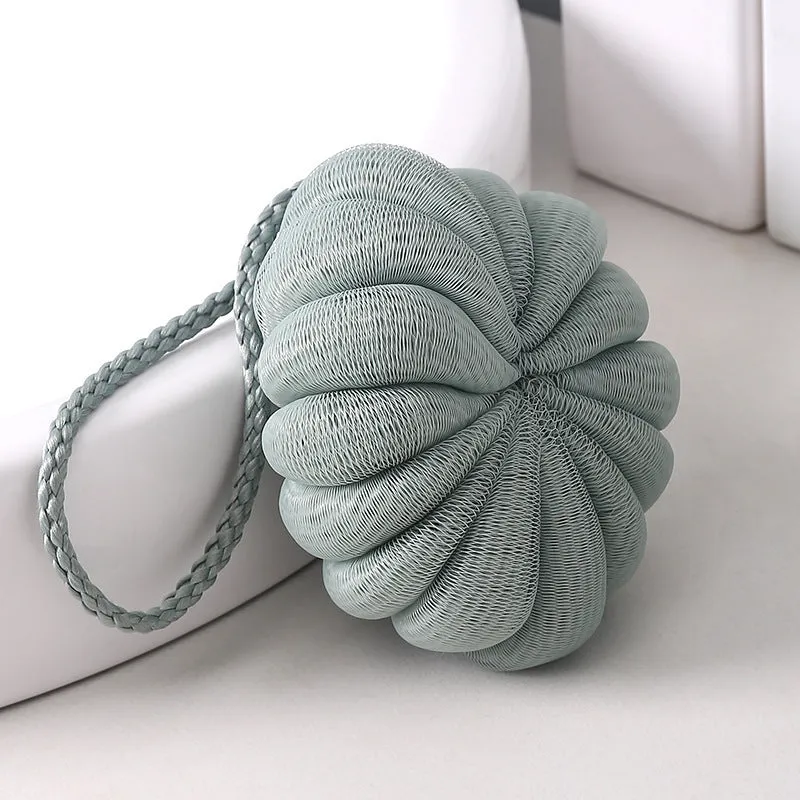 Japanese style 50g bath flower ball in beige with fine mesh and flexible foam, 10cm pumpkin shape