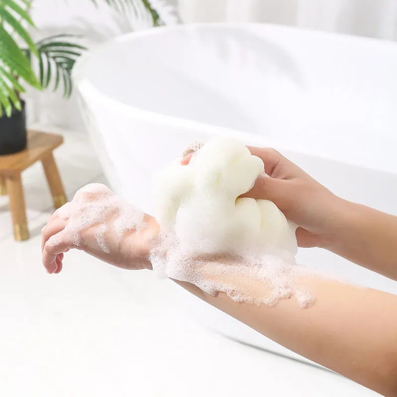 Japanese style 50g bath flower ball in beige with fine mesh and flexible foam, 10cm pumpkin shape