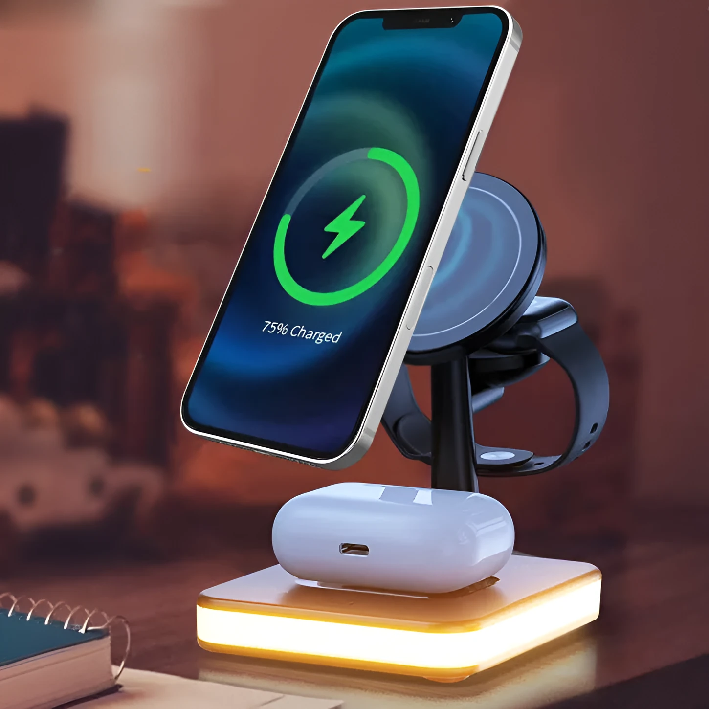 Three-in-one magnetic wireless charger with night light holding an iPhone, Apple Watch, and AirPods on a desk