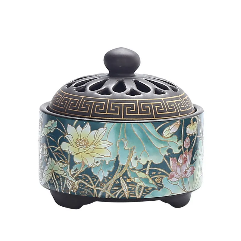 Handmade ceramic cloisonne incense burner with backward smoke channel in classic Dehua style