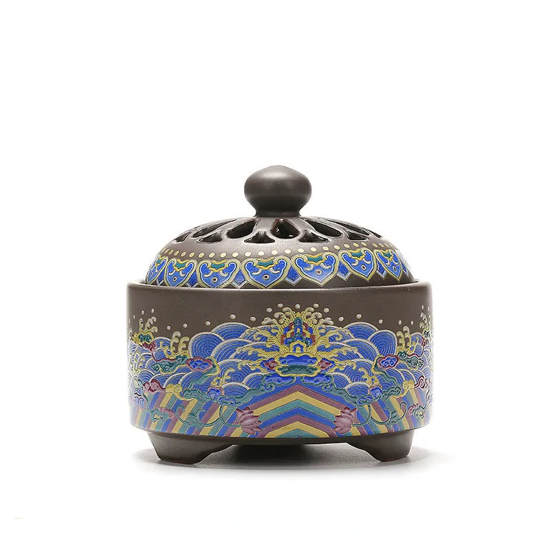 Handmade ceramic cloisonne incense burner with backward smoke channel in classic Dehua style