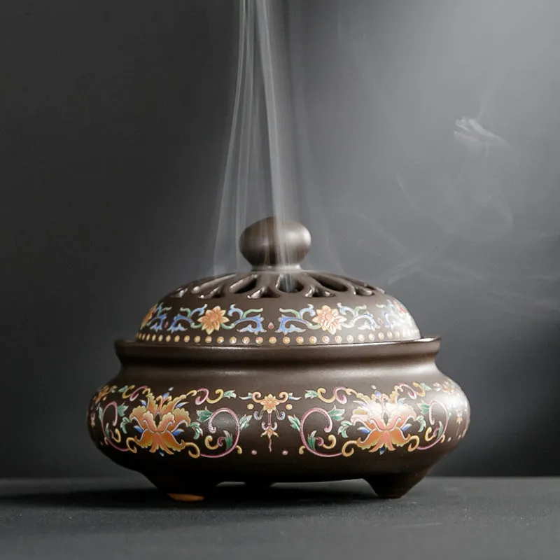Handmade ceramic cloisonne incense burner with backward smoke channel in classic Dehua style