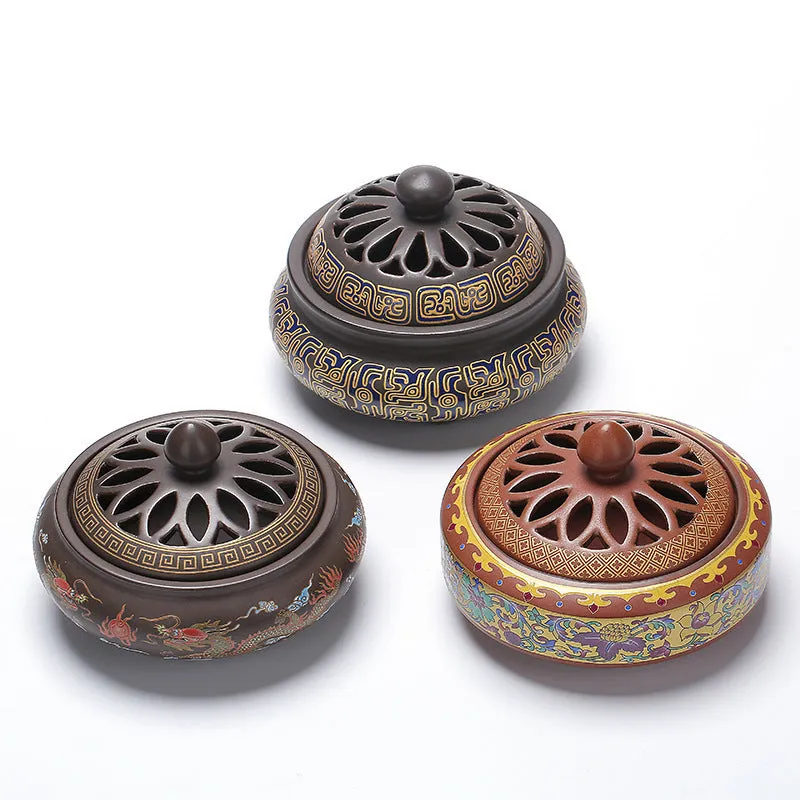 Handmade ceramic cloisonne incense burner with backward smoke channel in classic Dehua style