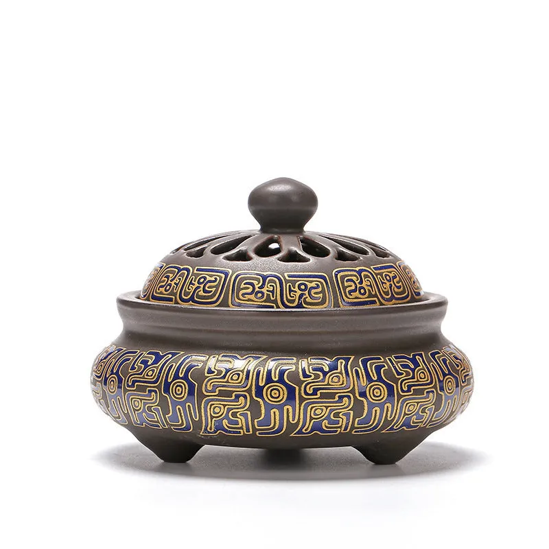 Handmade ceramic cloisonne incense burner with backward smoke channel in classic Dehua style