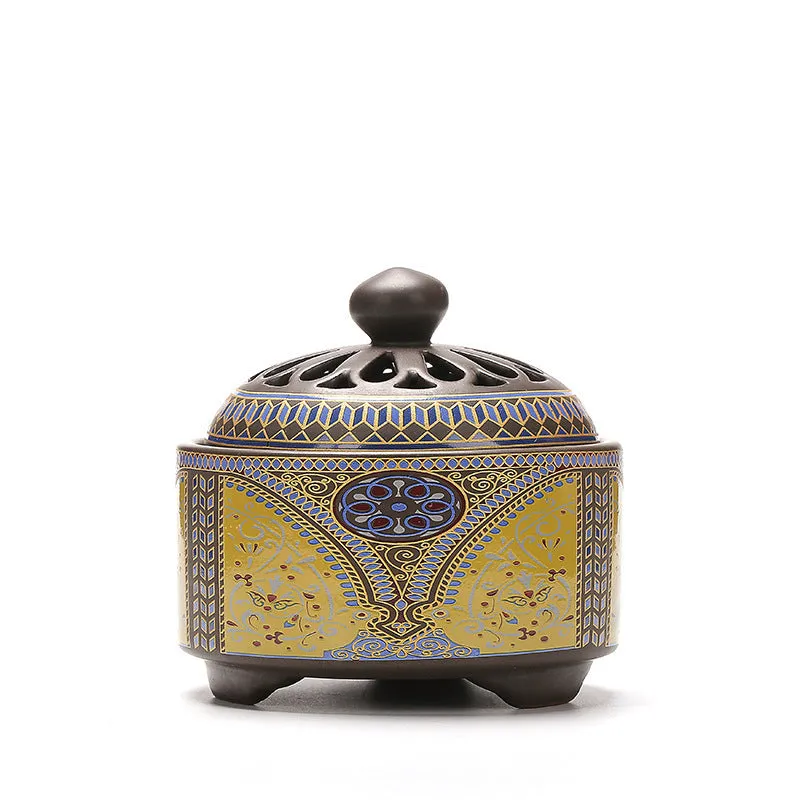 Handmade ceramic cloisonne incense burner with backward smoke channel in classic Dehua style