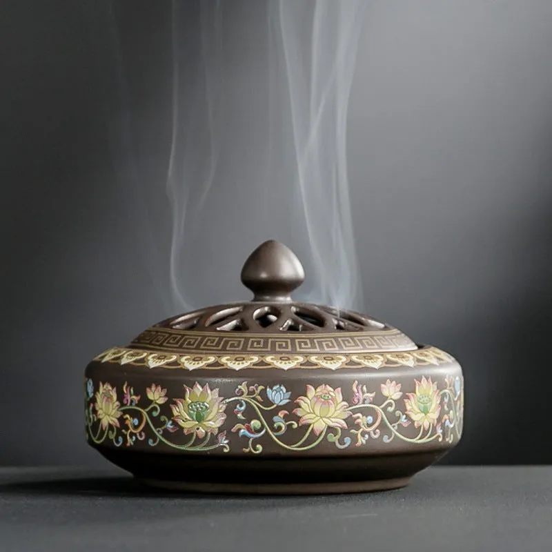 Handmade ceramic cloisonne incense burner with backward smoke channel in classic Dehua style