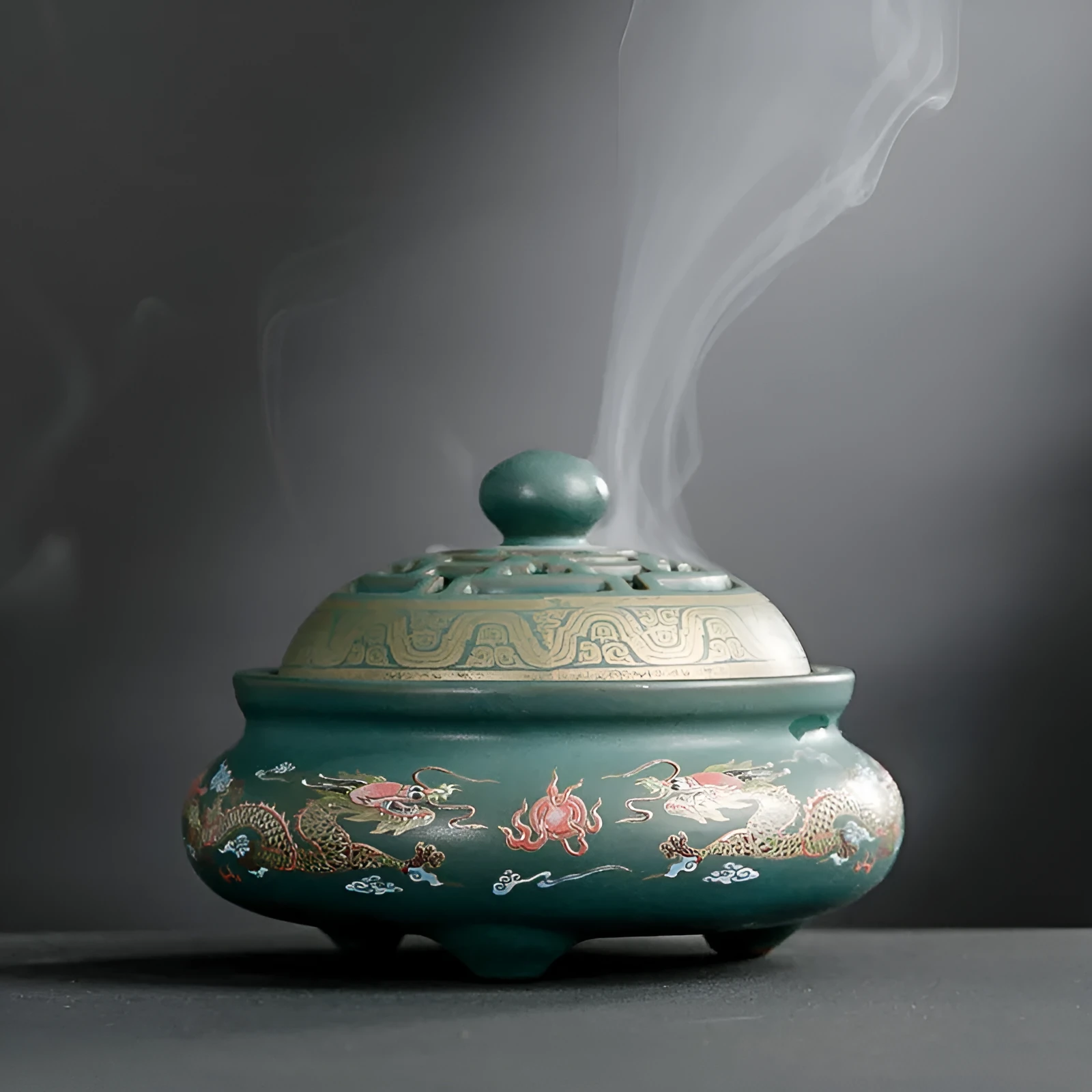 Handmade ceramic cloisonne incense burner with backward smoke channel in classic Dehua style