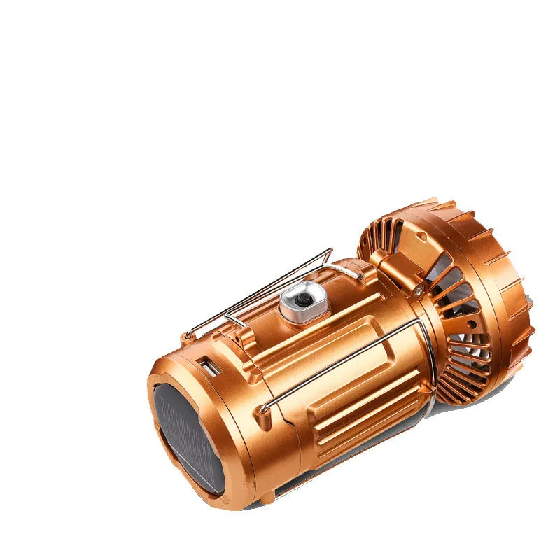 Solar powered ABS camping fan lantern with LED, waterproof casing, available in silver and gold