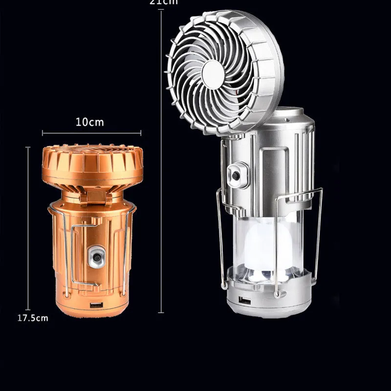 Solar powered ABS camping fan lantern with LED, waterproof casing, available in silver and gold