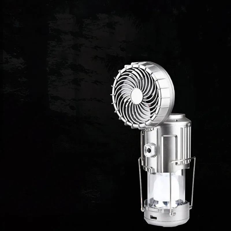 Solar powered ABS camping fan lantern with LED, waterproof casing, available in silver and gold
