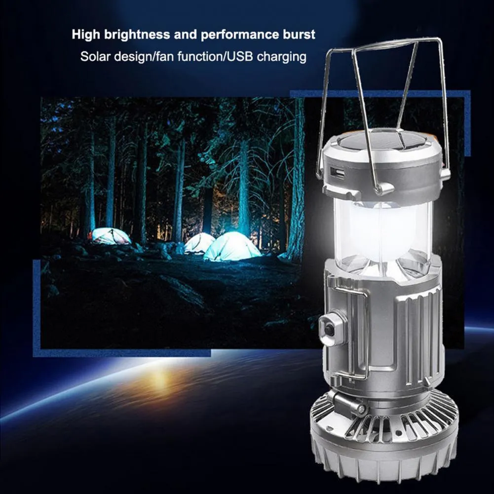 Solar powered ABS camping fan lantern with LED, waterproof casing, available in silver and gold