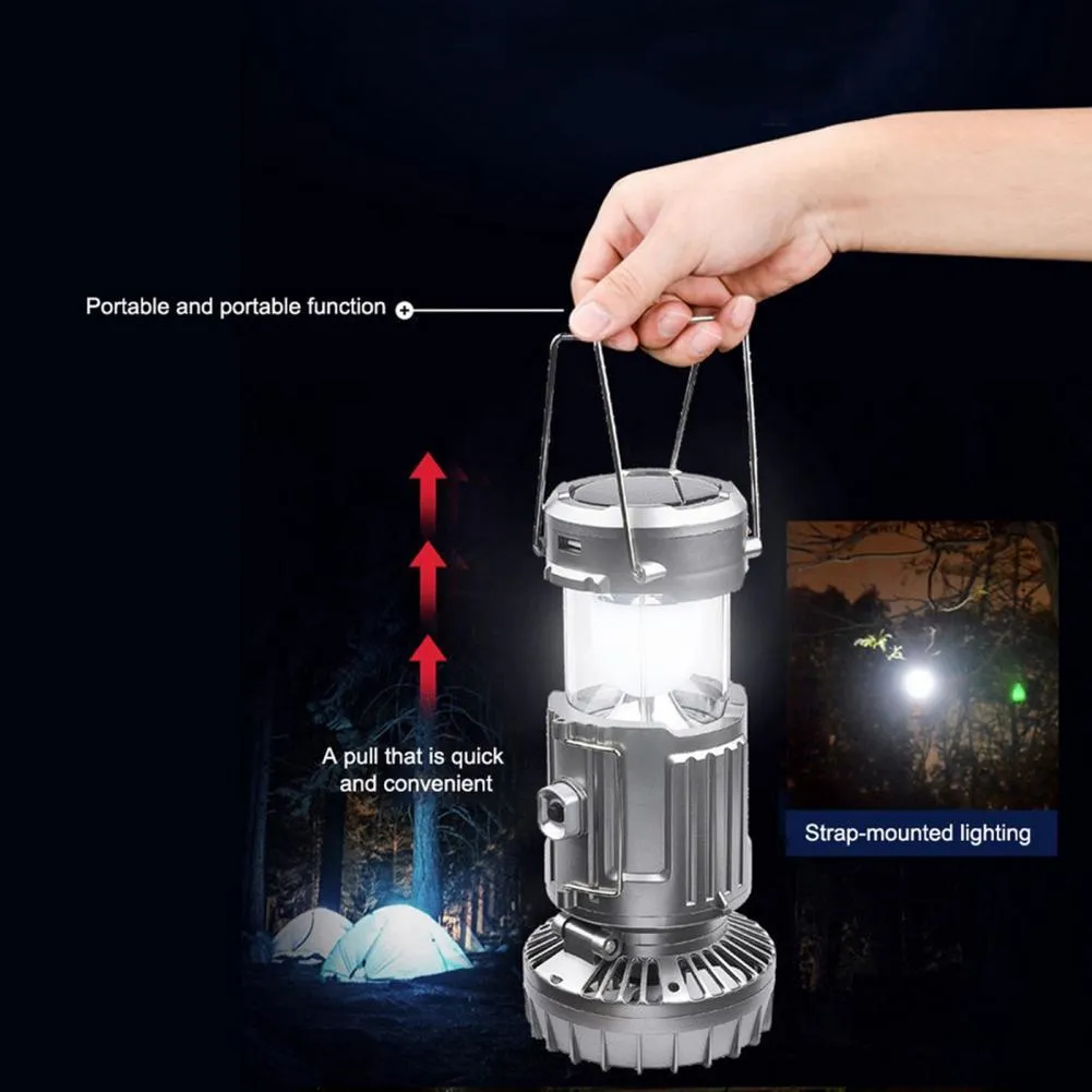 Solar powered ABS camping fan lantern with LED, waterproof casing, available in silver and gold