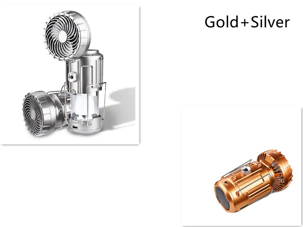 Solar powered ABS camping fan lantern with LED, waterproof casing, available in silver and gold