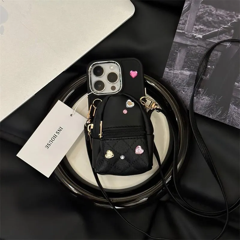 Crossbody wallet phone case with rhinestone design and removable shoulder strap in antique white