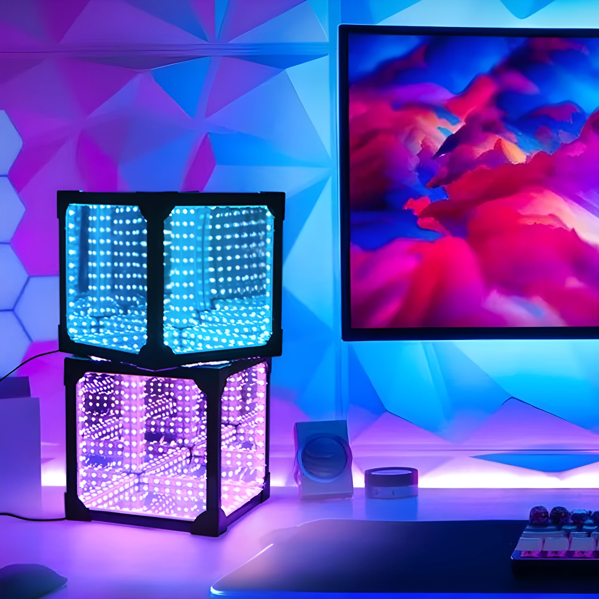 Thousand Mirrors 3D magic cube RGB LED lamp in black finish with remote control on desk