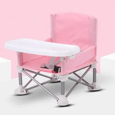 Foldable baby dining chair with metal frame, removable tray, and safety belt in grey