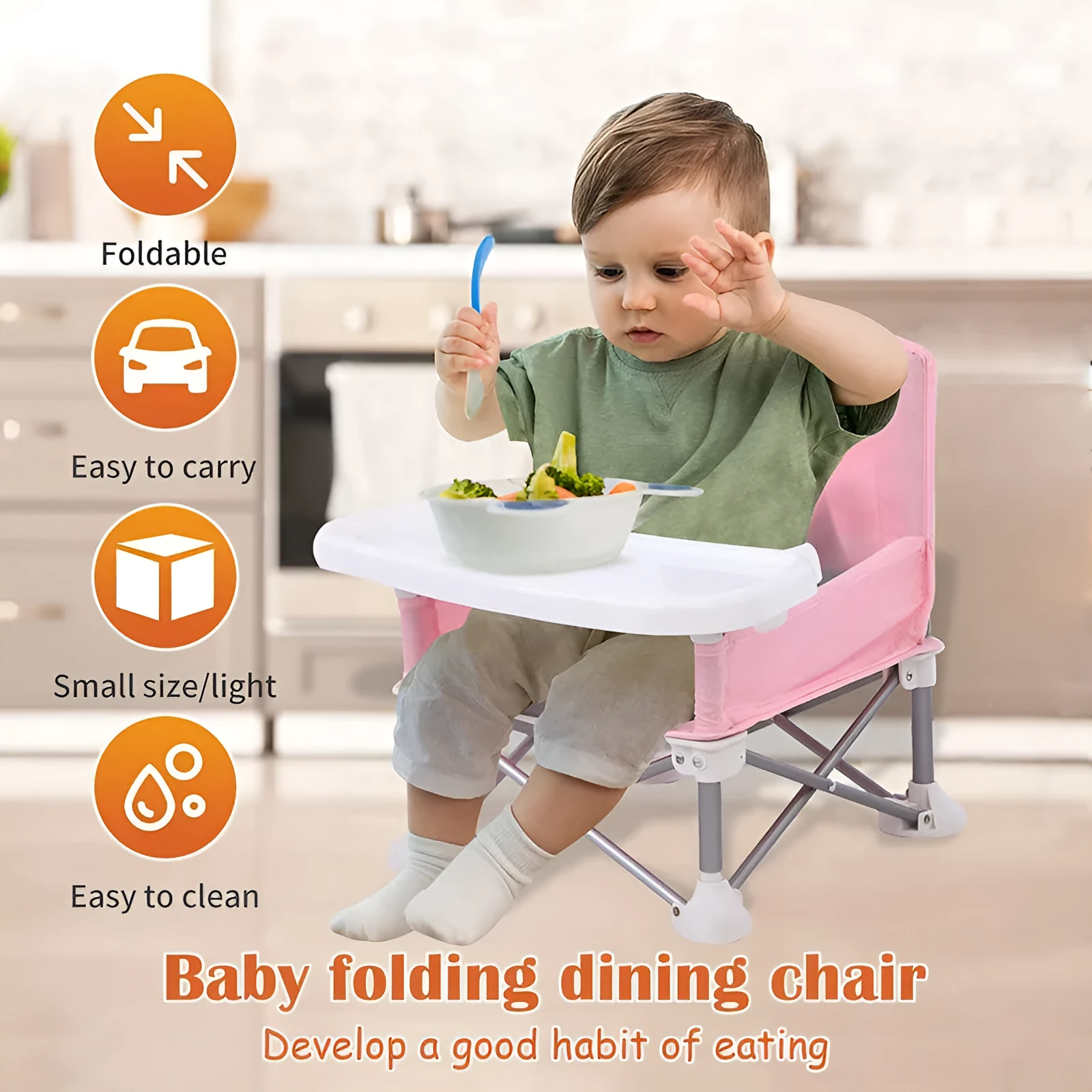 Foldable baby dining chair with metal frame, removable tray, and safety belt in grey