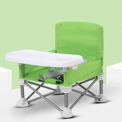Foldable baby dining chair with metal frame, removable tray, and safety belt in grey