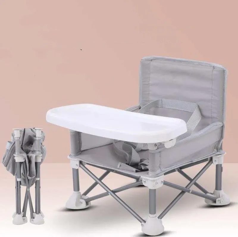 Foldable baby dining chair with metal frame, removable tray, and safety belt in grey