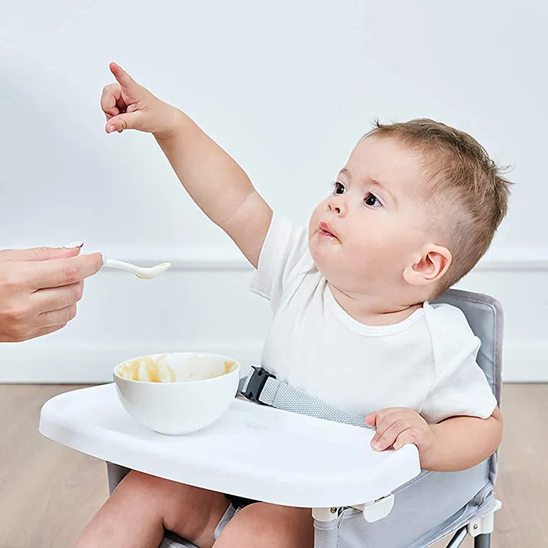 Foldable baby dining chair with metal frame, removable tray, and safety belt in grey