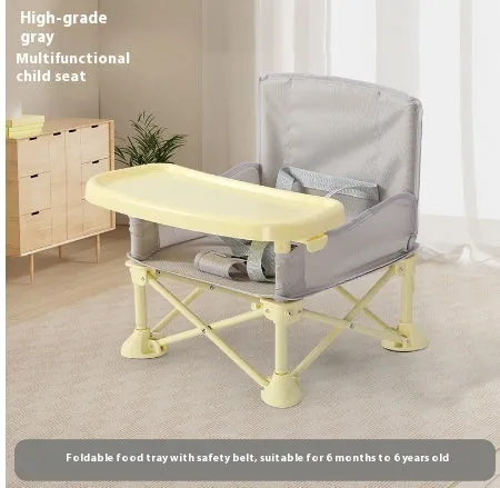 Foldable baby dining chair with metal frame, removable tray, and safety belt in grey