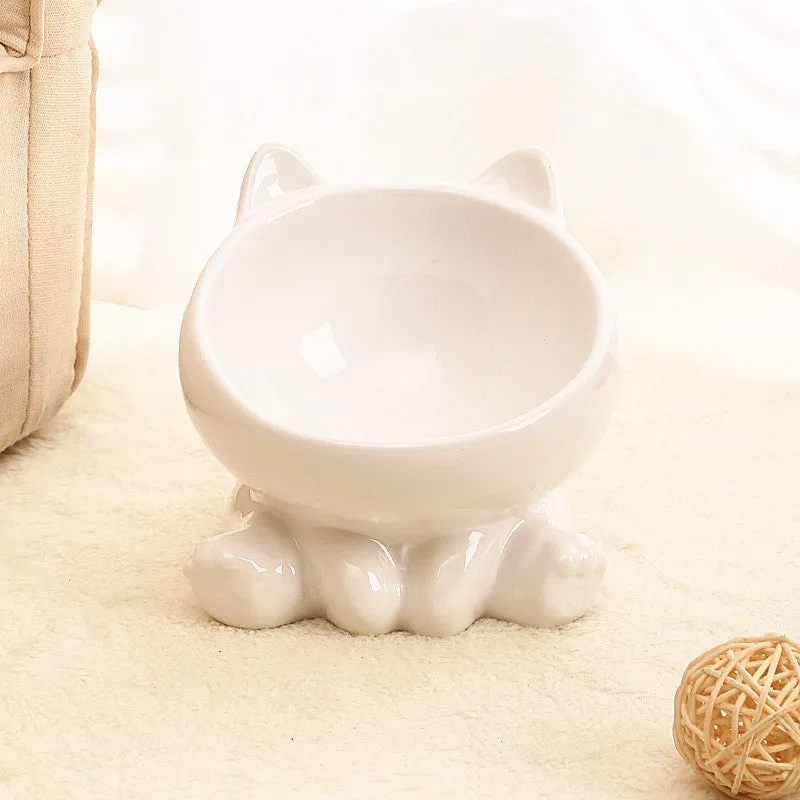Ceramic cat bowl with oblique mouth and neck guard in black and white colour option