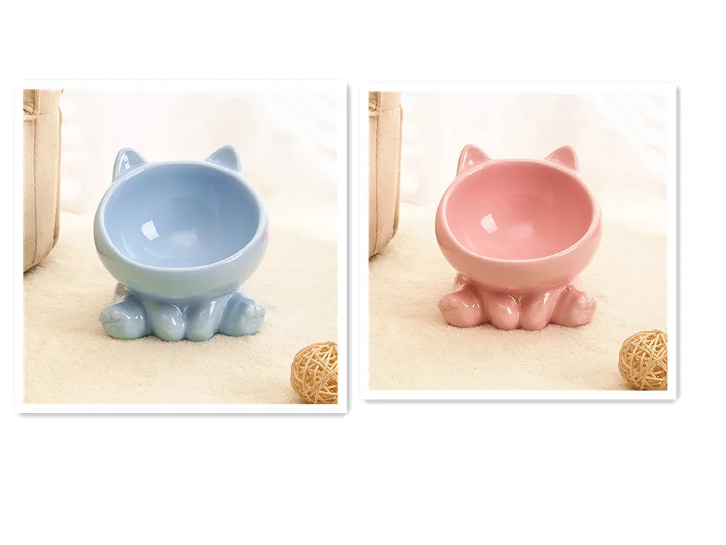 Ceramic cat bowl with oblique mouth and neck guard in black and white colour option