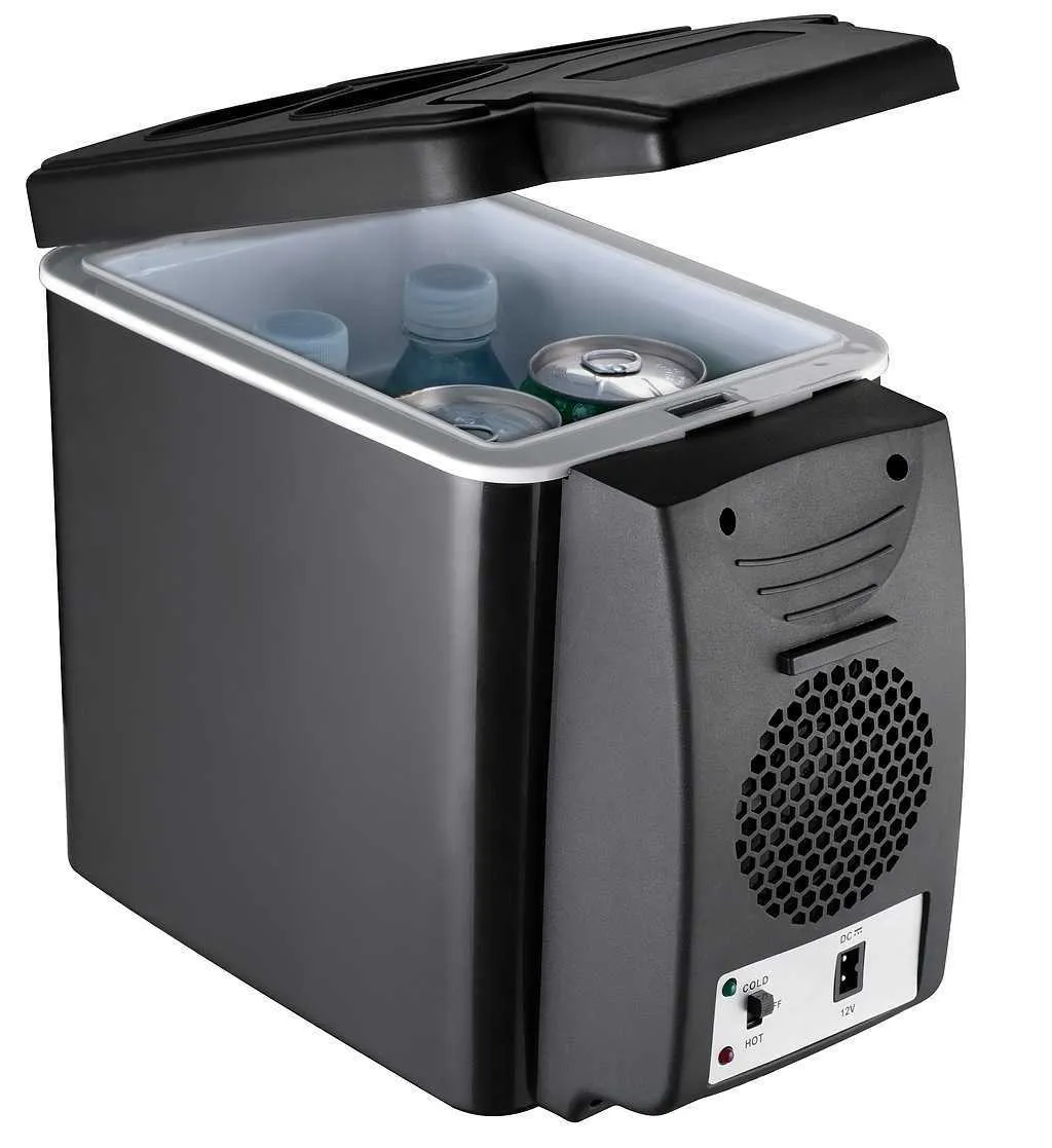 Portable 6L dual-voltage mini fridge with strap, black plastic and metal body